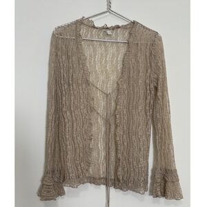 Womens Sheer Lace Cardigan Top S Shabby Boho Cottage Fairy Ruffle Bell Sleeve